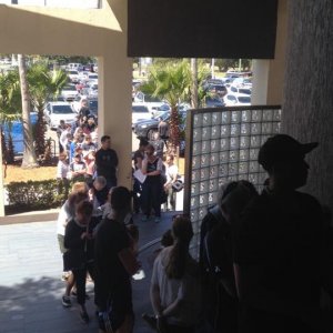 Queue to get into the Leagues Club on the day before the Grand Final