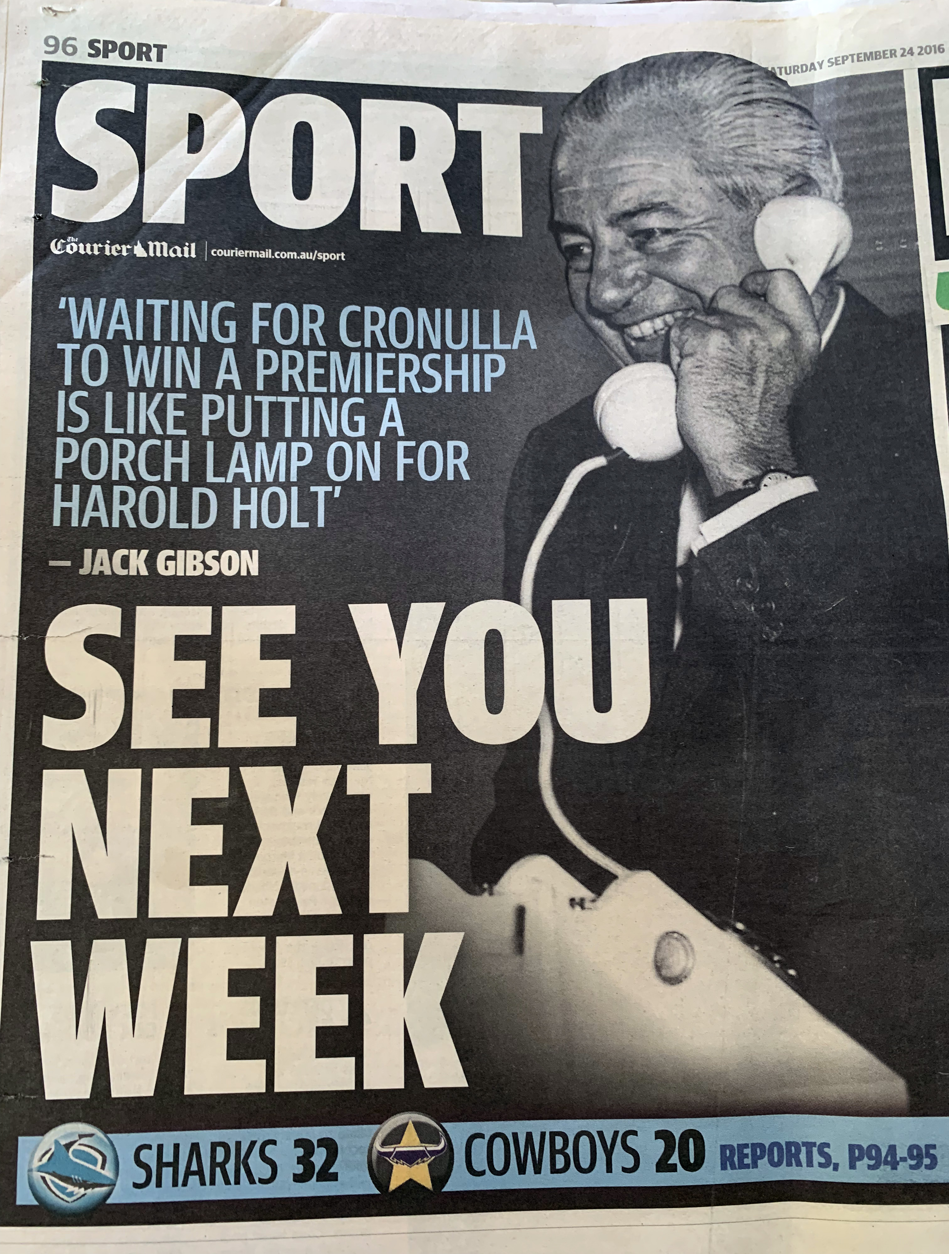 Courier Mail back page after the Sharks beat the Cowboys