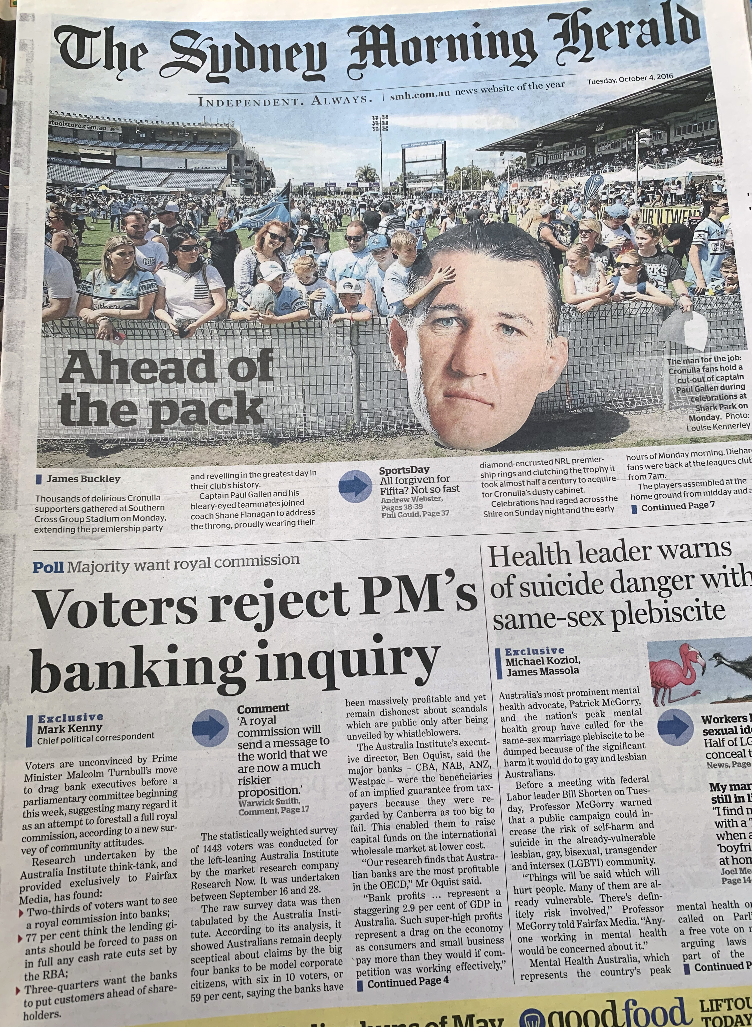 Sydney Morning Herald front page, Tuesday 4-Oct-2016
